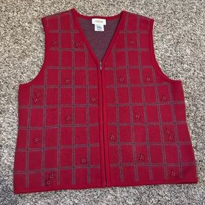 Talbots 100 Percent Wool Sweater Vest Red Wine Flowers Size Large